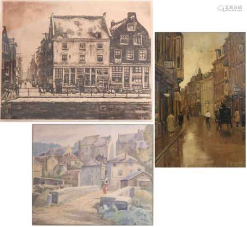 Huib de Ru (Utrecht 1902 - 1980 Haarlem). Gezicht op Houffalize. Aquarel op papier. Gesigneerd