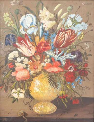 Hollandse School, 20e eeuw. Een pronkstilleven van bloemen in een pot. Mogelijk naar Ambrosius
