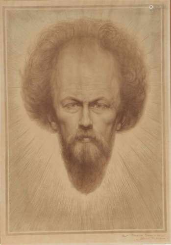 Chris Lebeau (Amsterdam 1878-1945 Dachau, Dld).Portret van de beeldhouwer Rien Hack. Lithografie