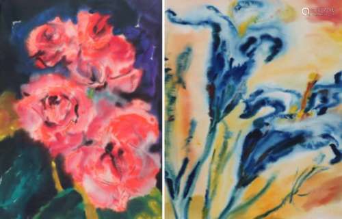 Alfred Kohler (Schwabach, Dld. 1916-1983).Twee bloemstillevens. Aquarel en pastel op papier. Eén