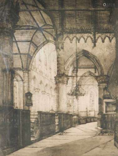 Johannes Daniel Scherft, Den Haag (1891-1969).Interieur van de Grote Kerk in Den Haag. Ets.
