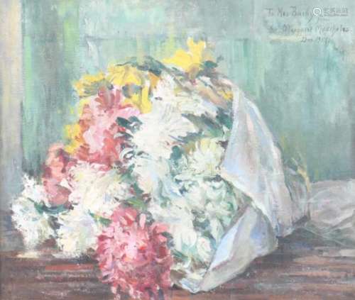 Margaret Moscheles (1871-1924).Een bloemenboeket (recto), Stilleven met tulpen (verso). Olieverf