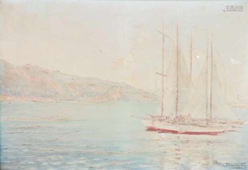 Félix Davoine (1915-?).Zeiljachten in een Zuid-Franse haven, Menton, Côte d' Azur. Olieverf op doek.