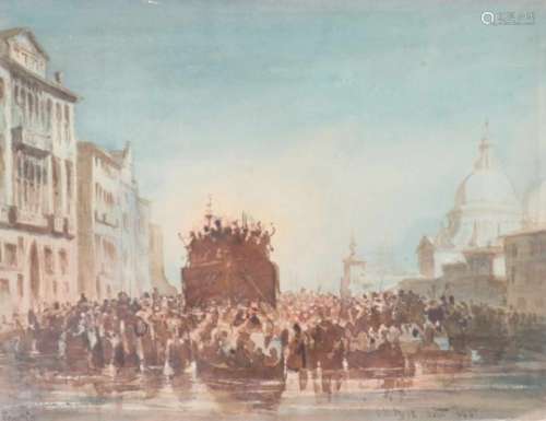 Venetiaanse School, 19e eeuw.Carnaval in Venetië. Aquarel op papier. Gesigneerd 