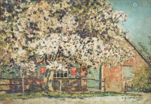 J.A. Zandleven (1868-1923).Een bloeiende bloesemboom. Olieverf op doek. Gesigneerd en geannoteerd 
