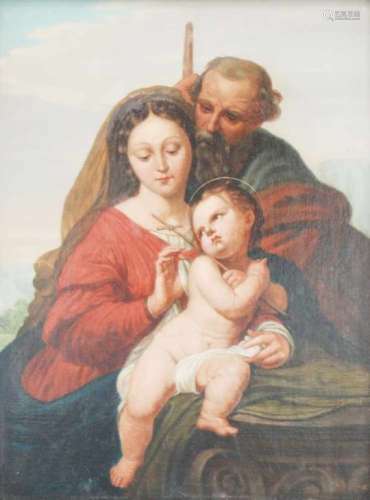 Navolger van Raphael Santi (1483-1520).Heilige familie. Olieverf op paneel. Circa 1860. Afm. 40 x 30