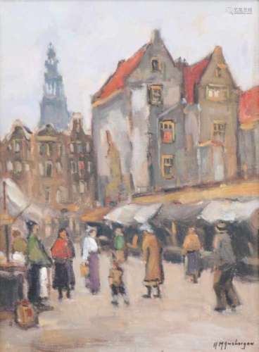 H.Mijnsbergen (Geb. 1945).Markt te Amsterdam. Olieverf op doek. Gesigneerd rechtsonder. Afm. 40 x 30