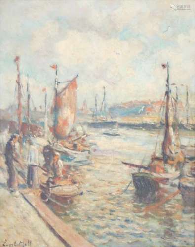 Evert Moll (Voorburg 1878-1955 Den Haag).De haven te Scheveningen. Olieverf op doek. Gesigneerd