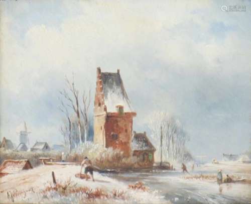 Albert Jurardus Van Prooyen (1834-1898).Een winterlandschap met figuren bij een toren. Olieverf op