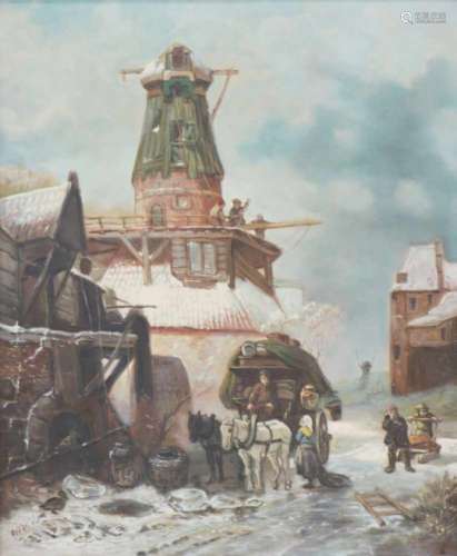 Adrian van Loon (1937).Een winterlandschap met molen. Olieverf op doek. Gesigneerd linksonder.