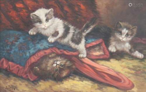 Adrian van Loon (1937).Drie kittens. Olieverf op doek. Gesigneerd linksonder. Afm. 35 x 55 cm.Adrian