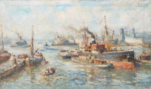 Evert Moll (Voorburg 1878-1955 Den Haag).Gezicht op de Rotterdamse haven met graanelevatoren.