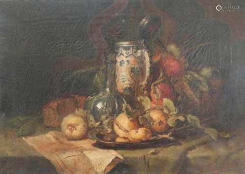 Jacob Reijinga (1867-1942).Stilleven met tin, steengoed en fruit. Olieverf op doek. Gesigneerd