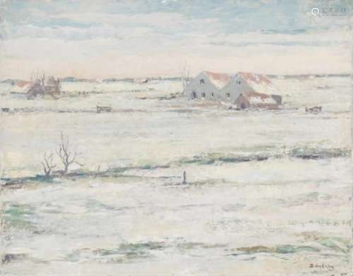 Dirk Den Exter (Amsterdam 1903-1953 Hilversum).Winterlandschap met boerderij in de sneeuw.