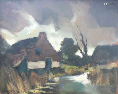 Toon Koster (Schiedam 1913-1990 Woerden).Een boerderij aan het water. Olieverf op board.