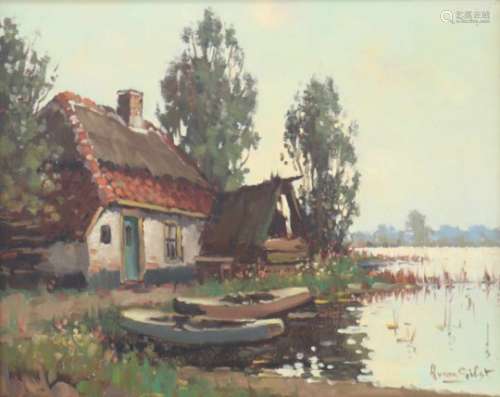 Aarnout Van Gilst (Den Haag 1898-1981 Bennebroek).Polderlandschap met boerderij aan het water.