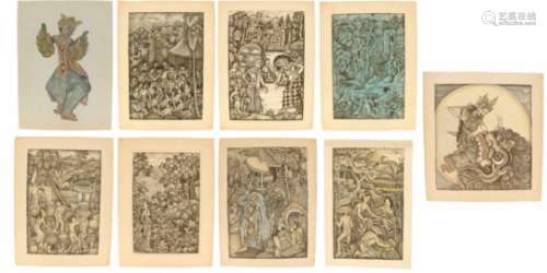 Balinese school. 1e helft 20e eeuw.Diverse mythologische voorstellingen. Aquarel en inkt op