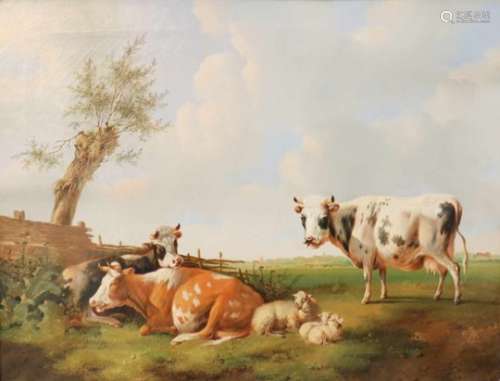 Albertus Verhoesen (Utrecht 1806 - 1881).Zomers landschap met vee in een weide. Olieverf op doek.