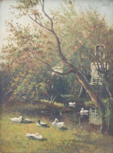 Thomas Van Wissen (Den Haag 1866-1954).Eenden aan de waterkant. Olieverf op doek. Gesigneerd