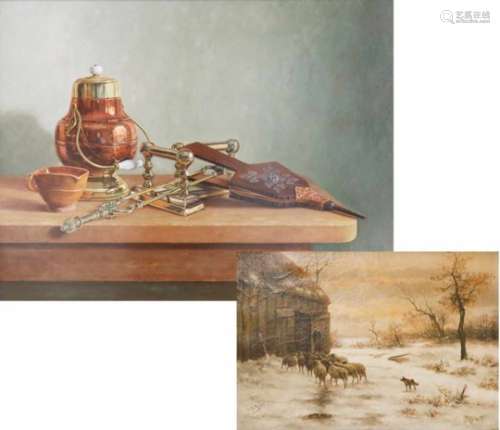 Cas Kombrink (Loenen, Gld. 1933 - 2018). Reflectie van de schilder in een stilleven van koperwerk.