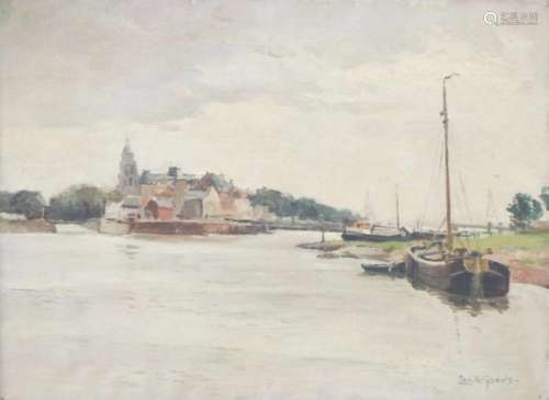 Leo Grijseels (Nederlands 1883 - 1964). Gezicht op een stad aan het water. Olieverf op doek.