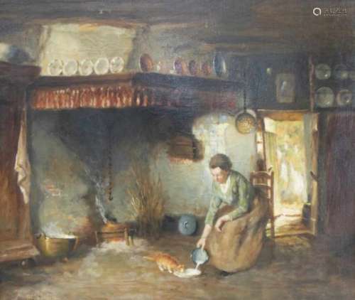 Gijsbertus Jan Sijthoff (Delft 1867-1949 Laren).Een boereninterieur met vrouw bij de haard. Olieverf