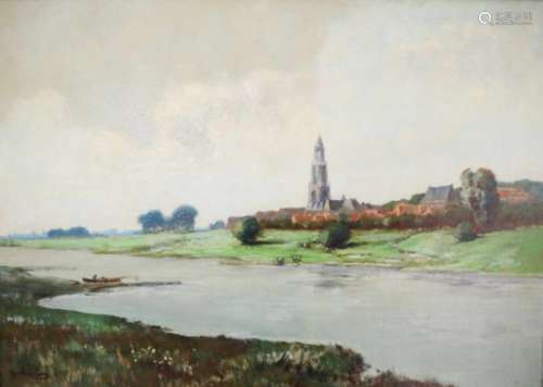 Mijndert Van den Berg (Gorinchem 1876-1967 Den Haag).Gezicht op Rhenen met de Cunerakerk. Olieverf