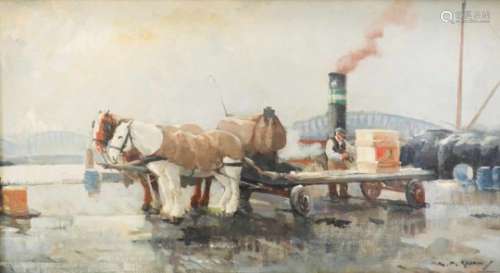 Hendrik Pieter Groen (Rotterdam 1886-1964).Trekpaarden bij de Willemsbrug te Rotterdam. Olieverf