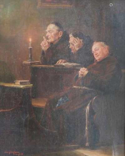 Otto Kirchner (Eckartshausen, Du. 1887-1960).Monniken bij kaarslicht. Olieverf op paneel. Gesigneerd