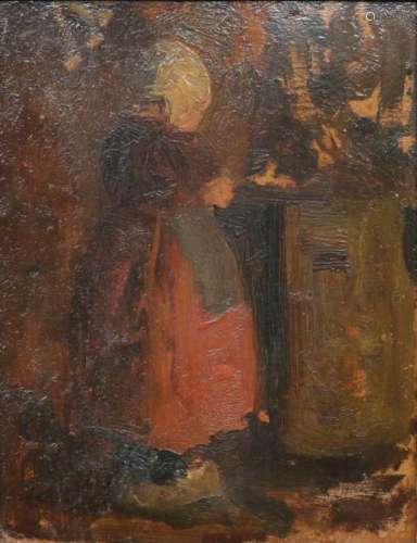 Toegeschreven aan J.S.H. Kever, circa 1910.Hollands meisje. Olieverf op paneel. Afm. 33 x 25,5 cm.