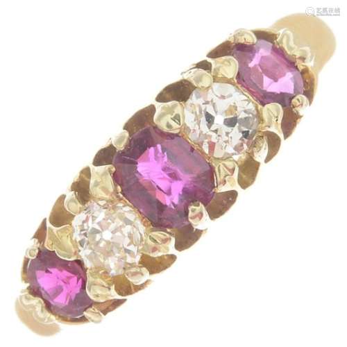 A late Victorian 18ct gold ruby and old-cut diamond five-stone ring.Principal ruby calculated