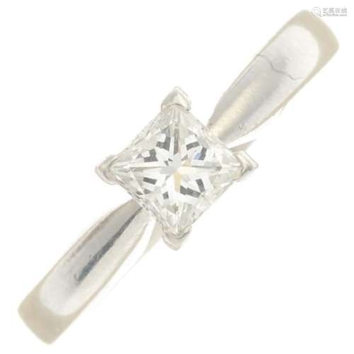 A platinum single-stone ring, set with square-shape diamond weighing 0.51ct.