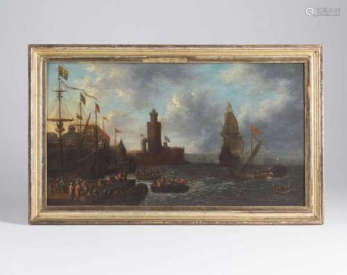 Südlicher Seehafen mit reicher Figurenstaffage, Bout, Pieter (Brüssel 1658-1719), zugeschrieben.