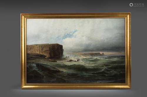 Seelandschaft mit Steilküste,Hermann Hendrich (geb. 1845). Raue stürmische See mit verlorenem Segler