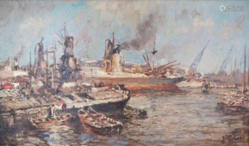 J.P. Molenaar (Rotterdam 1914 - 1990). Havengezicht met schepen en graanelevatoren. Rotterdam.