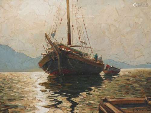 Gustave Vidal (Frankrijk 1895-1966).Zeilschip bij een havenhoofd, Frankrijk. Olieverf op doek.