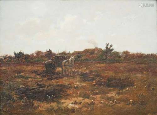 Olieverf op paneel. Cornelis Koppenol (1845 - 1946).Boer met paard en kar in een landschap