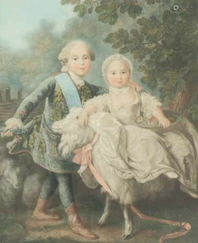 Ets en aquatint op papier naar Francois Hubert Drouais (1727 - 1775).Le Comte d'Artois et Sa Soeur