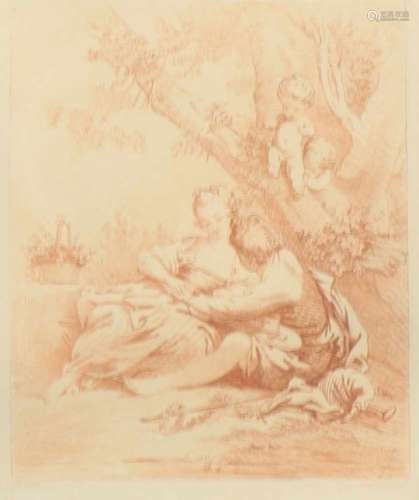 Lithografie in sanguine naar Francois Boucher (1703 - 1770).Petite romance door de Quenot. Litho.