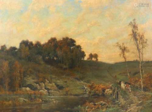 Jacques Janssens (1809-1898).Overstekende koeien in Hollands landschap. Nederland. Olieverf op doek,