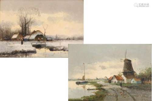 Hollandse school, 20e eeuw.Zomerlandschap en Winterlandschap. Pendant. Olieverf op paneel.