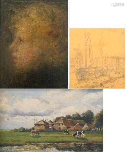 Adrianus van der Schouw (1873-1946).Een weidelandschap met koeien en boerenhoeve. Olieverf op