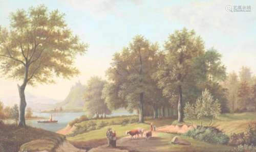 Hollandse School, eerste helft 20e eeuw. Een panoramisch landschap met vee aan een rivier.
