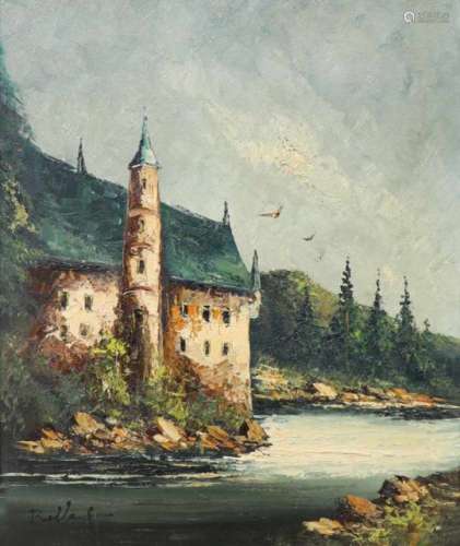 Duitse School, 20e eeuw.Een kasteel aan de rivieroever. Olieverf op doek. Onduidelijk gesigneerd