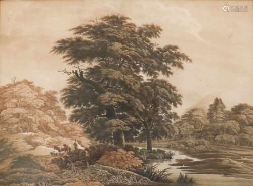 Onbekend, ca. 1900.Een landschap met figuren langs een pad met eikenbomen. Aquatint. Afm. 45 x 63