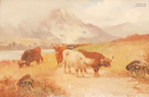 H. Calvert, Schotse School, 19e/20e eeuw.Schotse hooglanders in een landschap. Olieverf op doek.