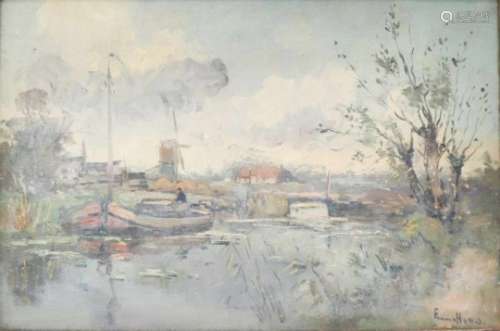 Frans Hens (1856-1928).Polderlandschap met platbodem bij een sluis. Olieverf op doek. Gesigneerd