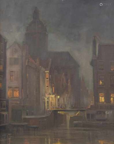 Hollandse School, 20e eeuw.Amsterdamse grachten bij nacht. Olieverf op doek. Afm. 50 x 40 cm.Dutch
