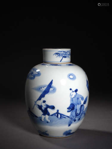 A BLUE AND WHITE CHILDREN AT PLAY JAR AND COVER, 17TH CENTURY