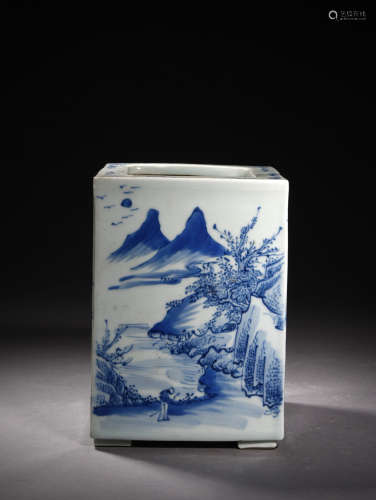 A BLUE AND WHITE FIGURES IN LANDSCAPE BRUSH POT, 17TH CENTURY